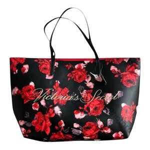 Victoria’s Secret Large Floral Red Faux Leather Tote Bag with Gold Monogram NEW